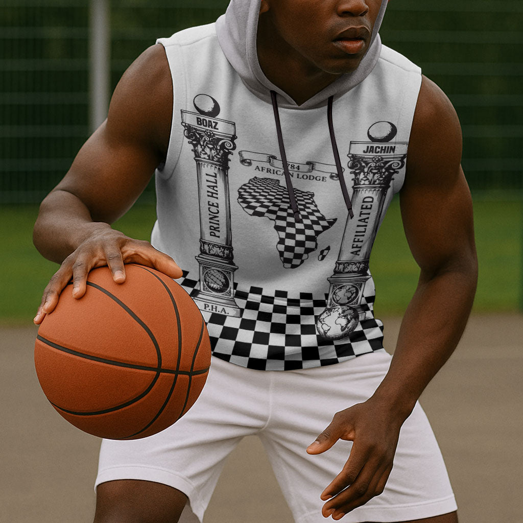 Prince Hall Affiliated Freemasonry Sleeveless Hoodie Classic Masonic Pillars Boaz Jachin Checkerboard Africa Map
