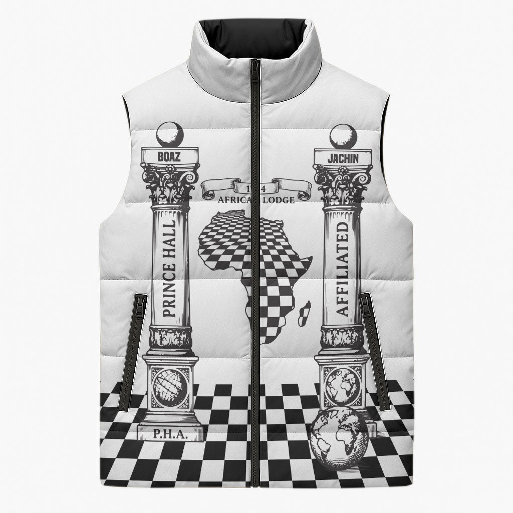 Prince Hall Affiliated Freemasonry Sleeveless Puffer Jacket Classic Masonic Pillars Boaz Jachin Checkerboard Africa Map
