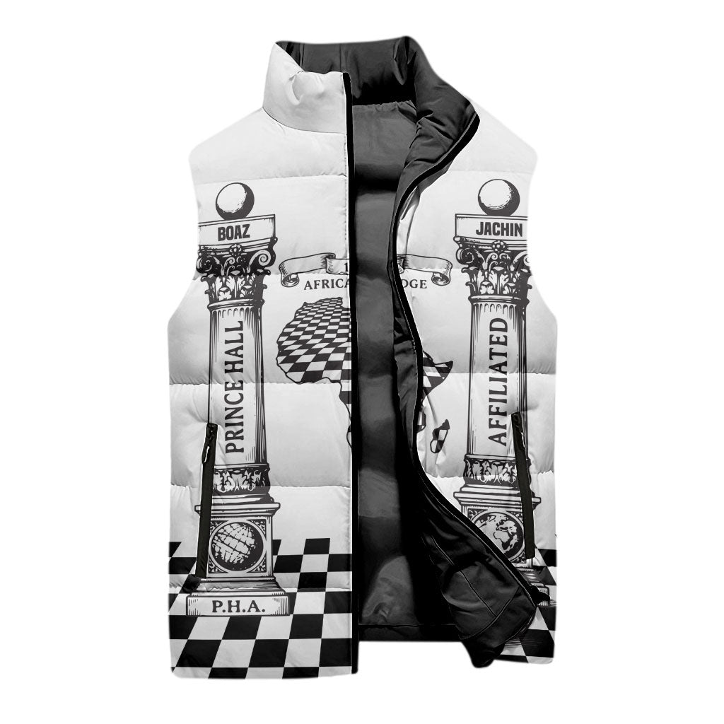 Prince Hall Affiliated Freemasonry Sleeveless Puffer Jacket Classic Masonic Pillars Boaz Jachin Checkerboard Africa Map