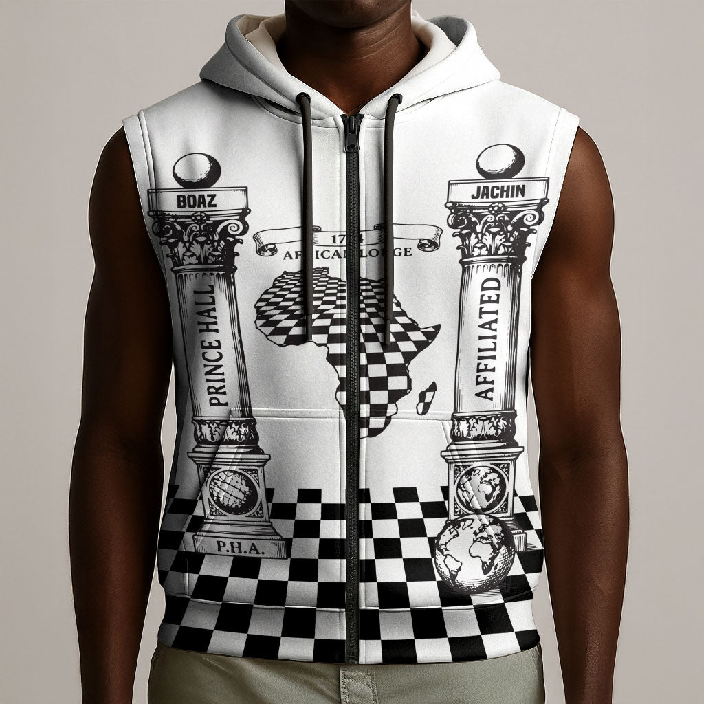 Prince Hall Affiliated Freemasonry Sleeveless Zip Hoodie Classic Masonic Pillars Boaz Jachin Checkerboard Africa Map