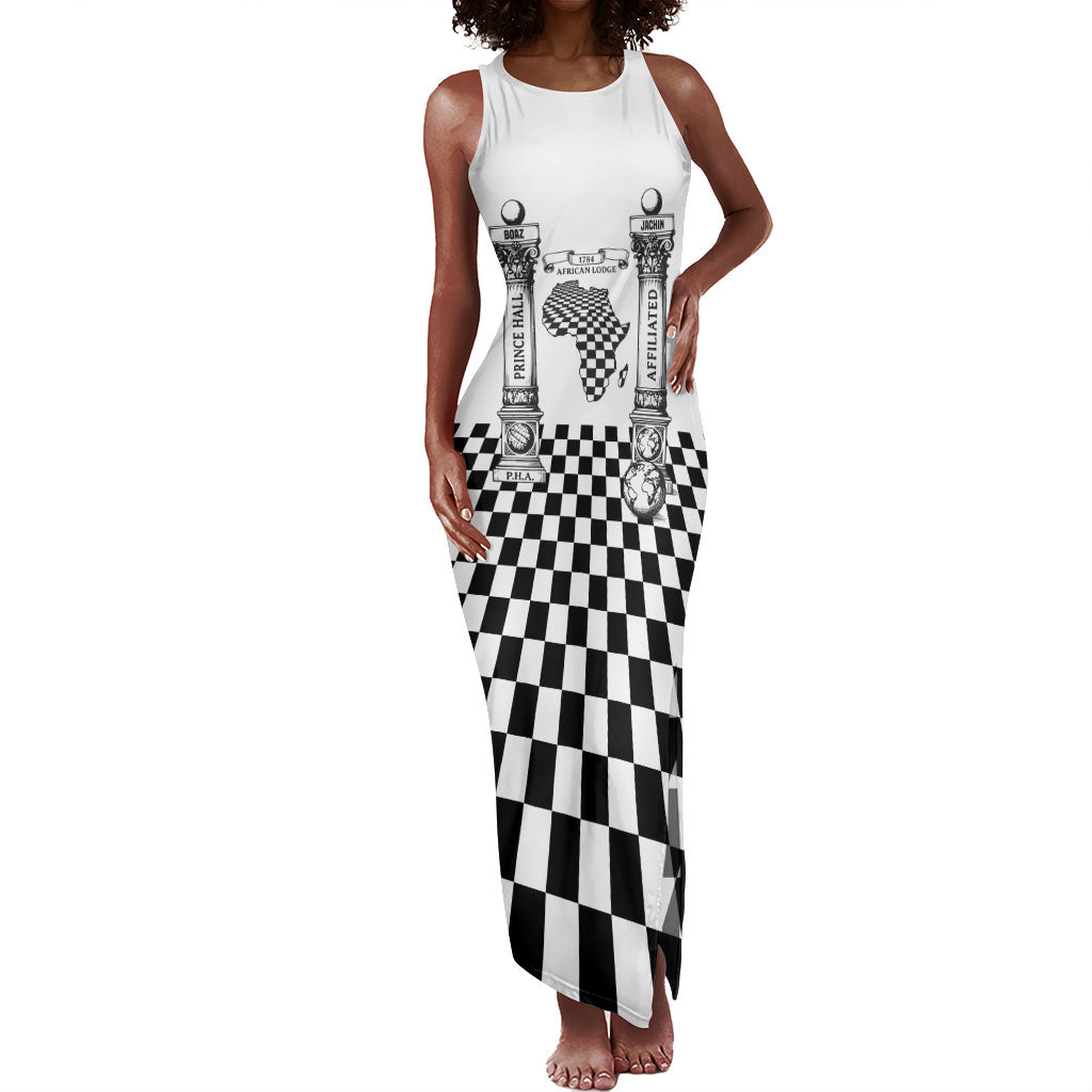 Prince Hall Affiliated Freemasonry Tank Maxi Dress Classic Masonic Pillars Boaz Jachin Checkerboard Africa Map