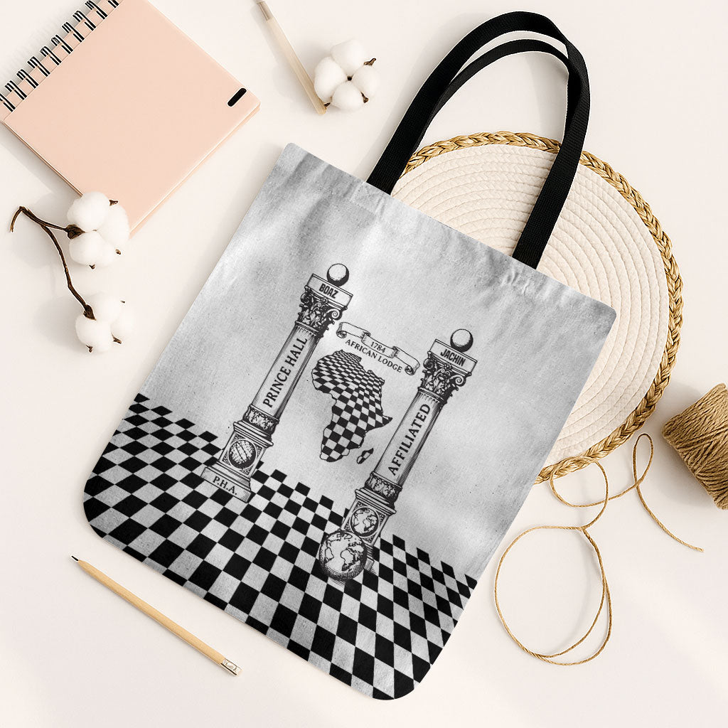 Prince Hall Affiliated Freemasonry Tote Bag Classic Masonic Pillars Boaz Jachin Checkerboard Africa Map