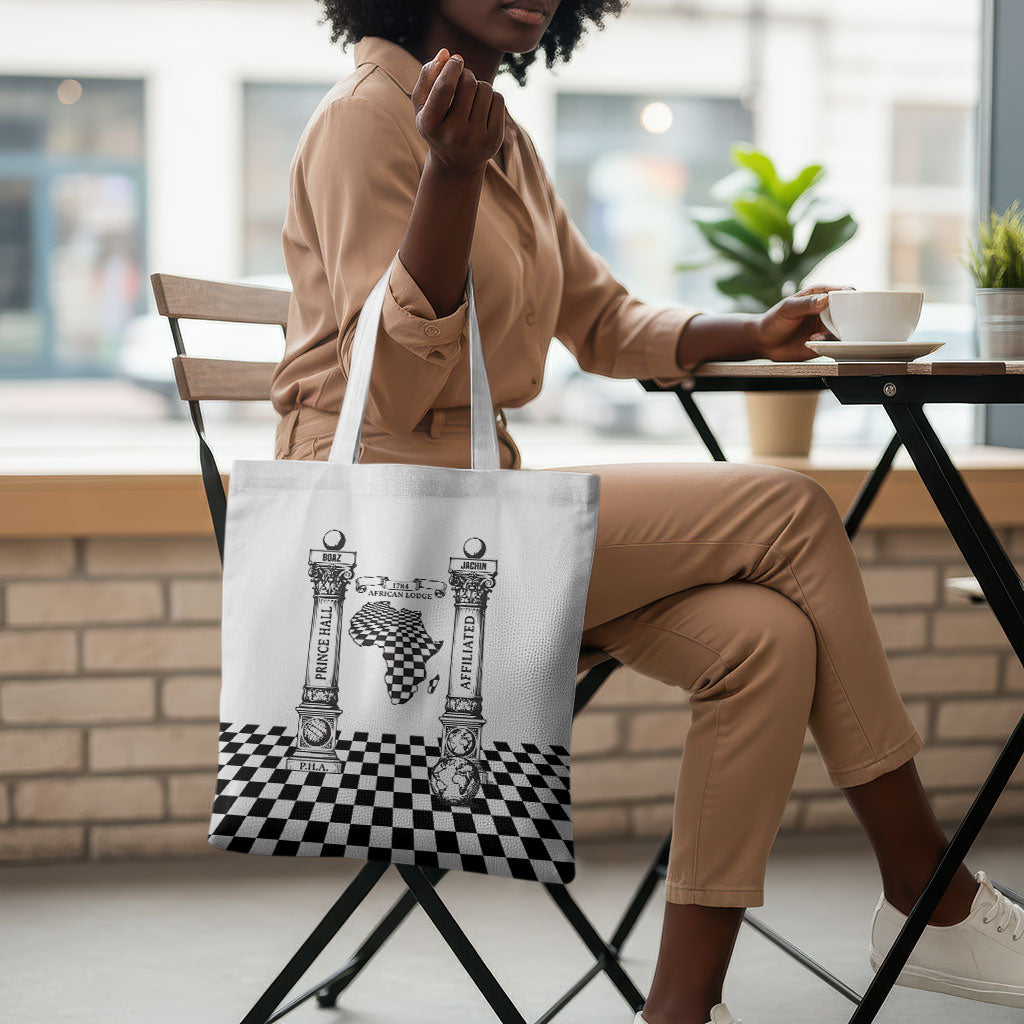 Prince Hall Affiliated Freemasonry Tote Bag Classic Masonic Pillars Boaz Jachin Checkerboard Africa Map