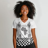 Prince Hall Affiliated Freemasonry Women V-Neck T-Shirt Classic Masonic Pillars Boaz Jachin Checkerboard Africa Map