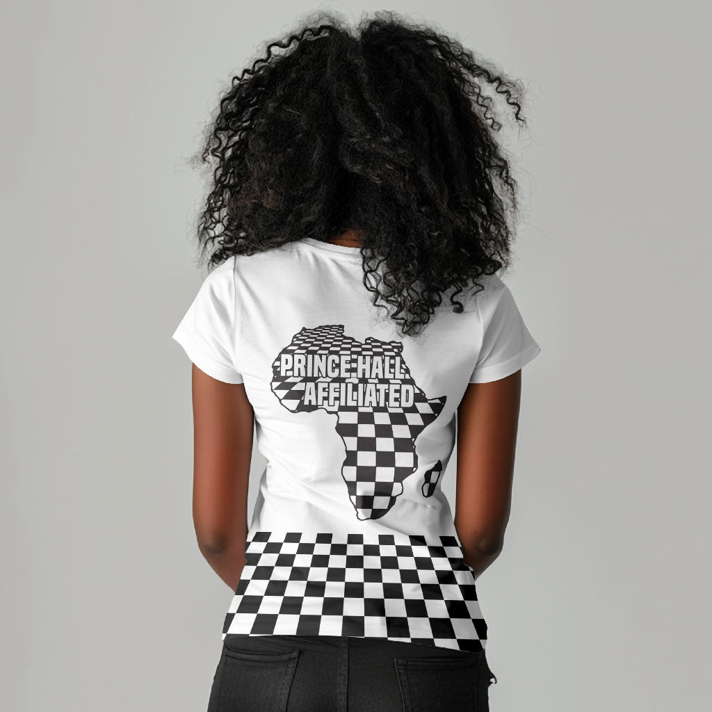 Prince Hall Affiliated Freemasonry Women V-Neck T-Shirt Classic Masonic Pillars Boaz Jachin Checkerboard Africa Map