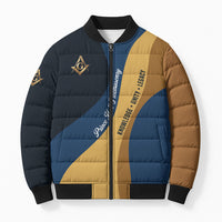Prince Hall Freemasonry Bomber Puffer Jacket Square and Compasses Gold Blue Geometric