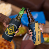 Prince Hall Freemasonry 4 in 1 Can Cooler Tumbler Square and Compasses Gold Blue Geometric