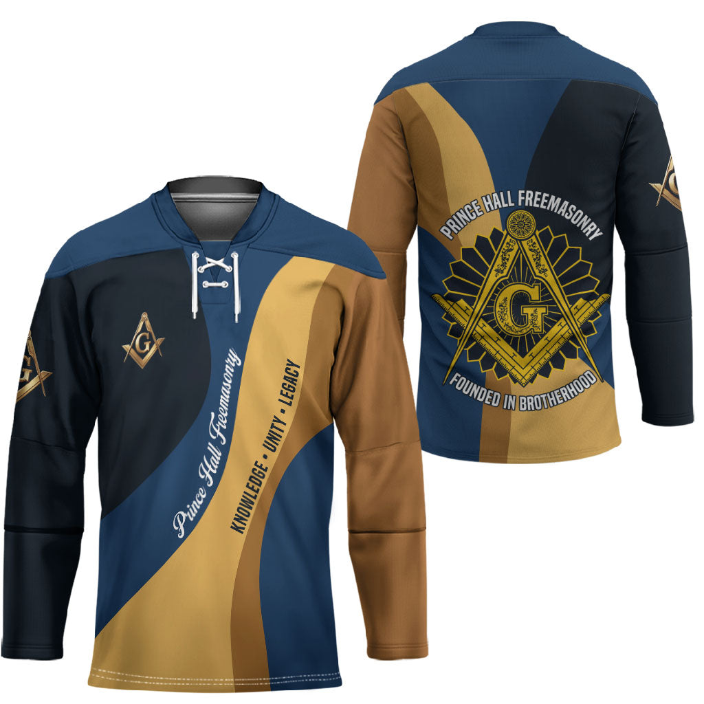 Prince Hall Freemasonry Hockey Jersey Square and Compasses Gold Blue Geometric