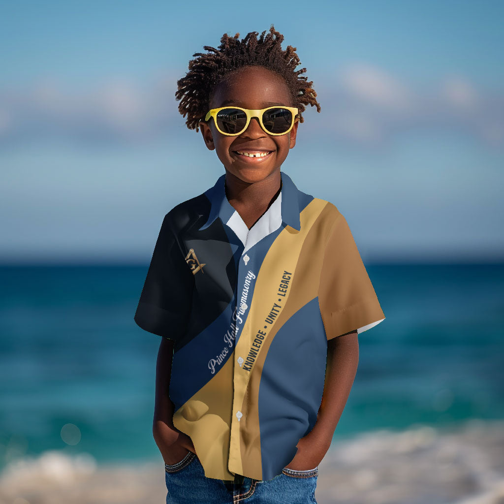 Prince Hall Freemasonry Kid Hawaiian Shirt Square and Compasses Gold Blue Geometric
