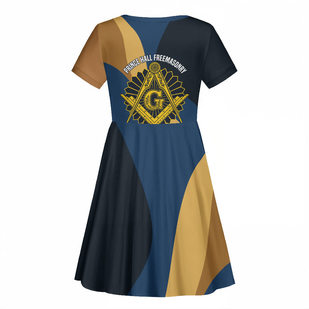 Prince Hall Freemasonry Kid Short Sleeve Dress Square and Compasses Gold Blue Geometric