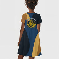Prince Hall Freemasonry Kid Short Sleeve Dress Square and Compasses Gold Blue Geometric