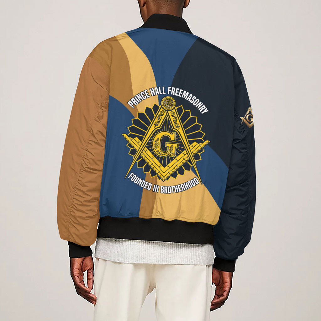 Prince Hall Freemasonry Sleeve Zip Bomber Jacket Square and Compasses Gold Blue Geometric