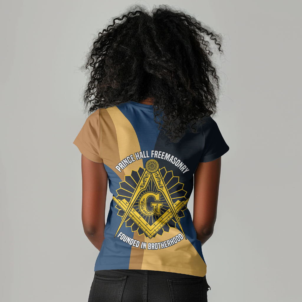Prince Hall Freemasonry Women V-Neck T-Shirt Square and Compasses Gold Blue Geometric