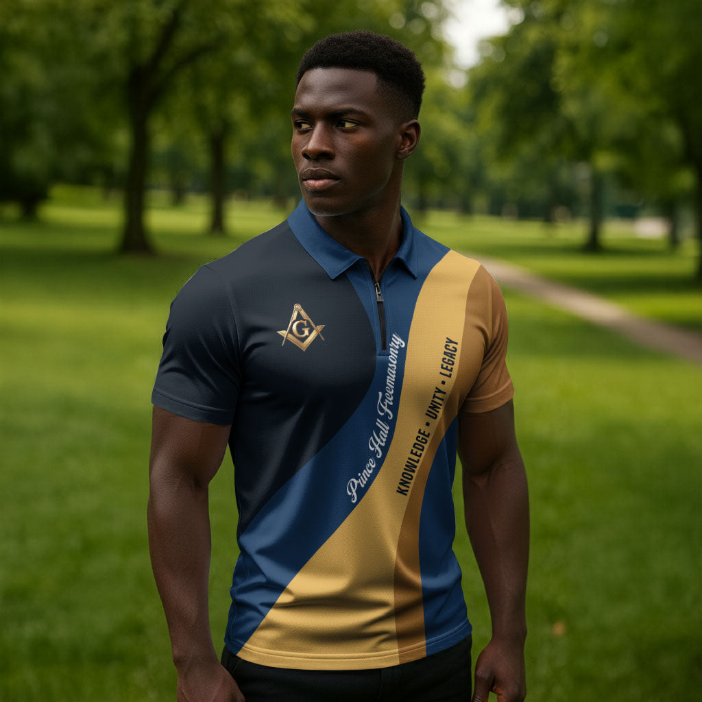 Prince Hall Freemasonry Zipper Polo Shirt Square and Compasses Gold Blue Geometric