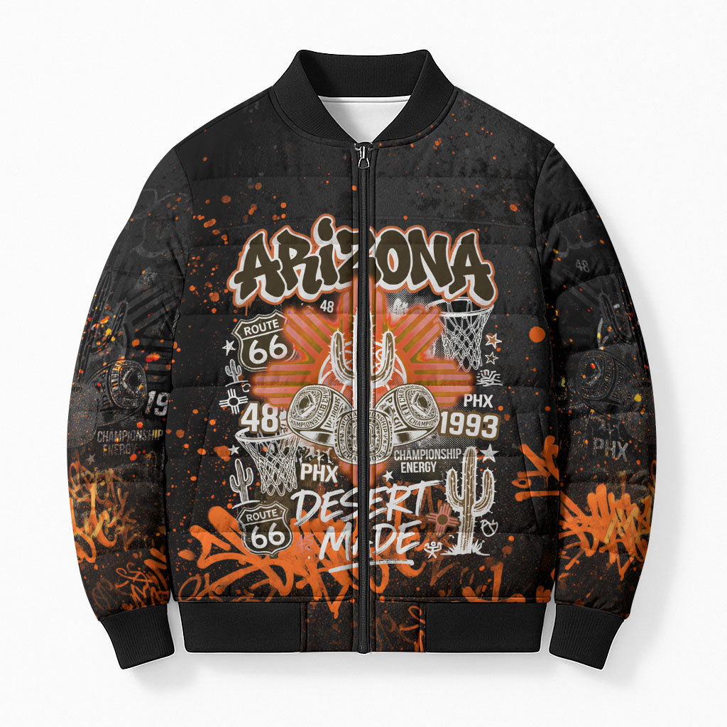 Personalized Arizona Bomber Puffer Jacket Graffiti Street Art Southwest Cactus Route 66 Retro