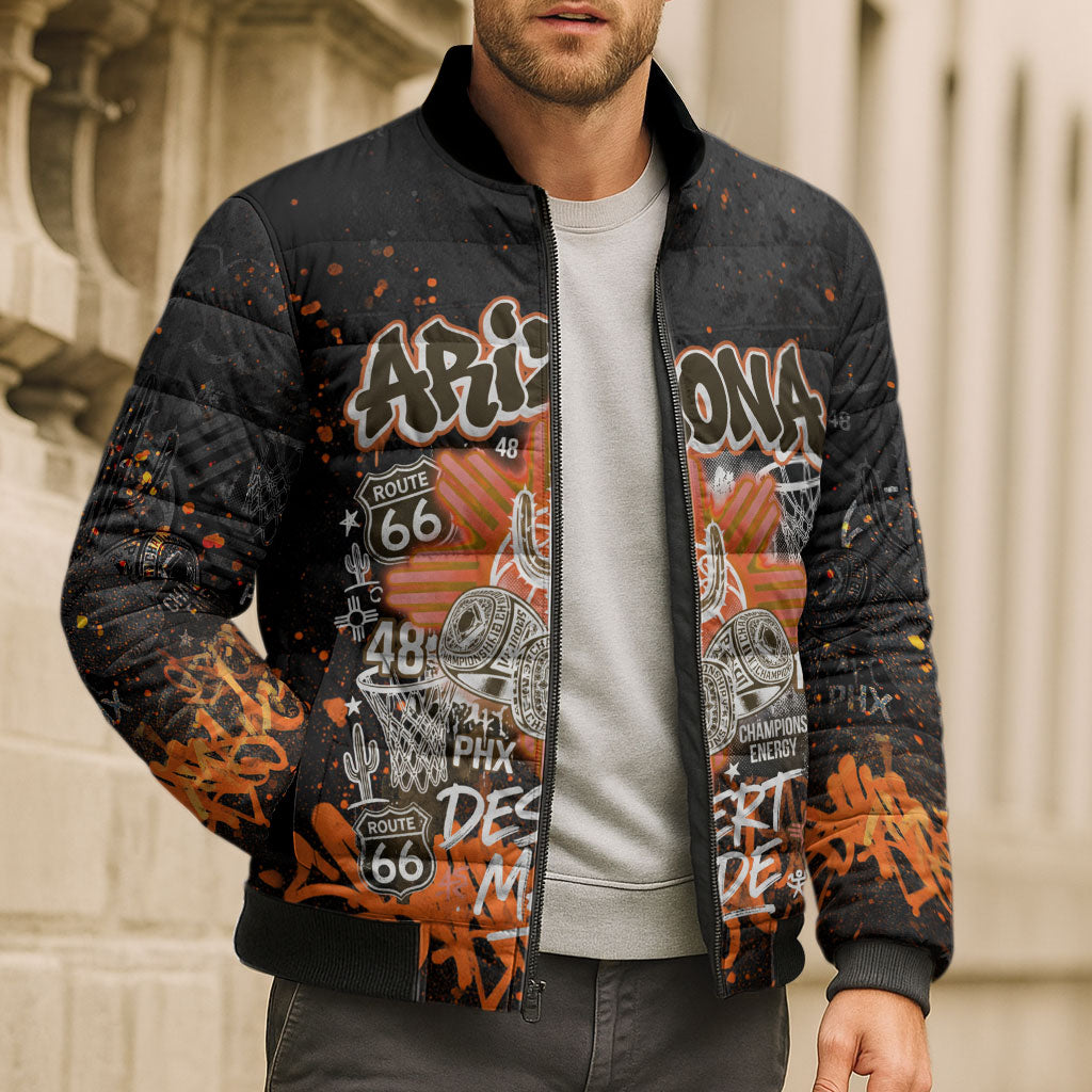 Personalized Arizona Bomber Puffer Jacket Graffiti Street Art Southwest Cactus Route 66 Retro