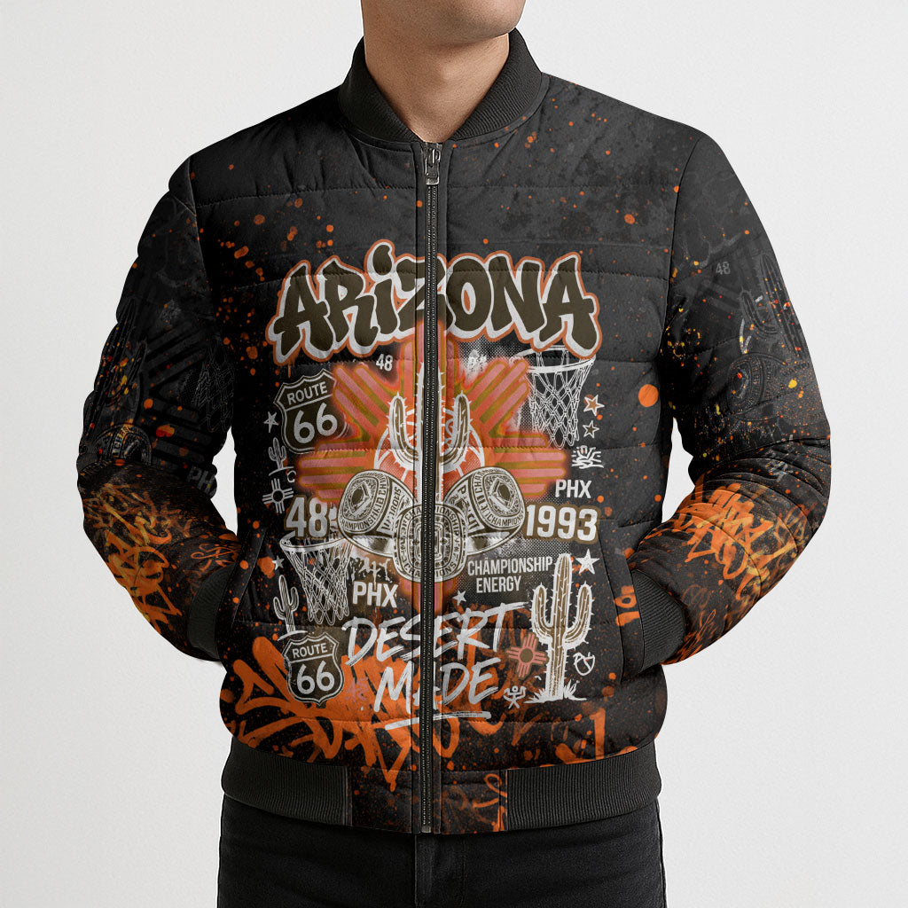 Personalized Arizona Bomber Puffer Jacket Graffiti Street Art Southwest Cactus Route 66 Retro