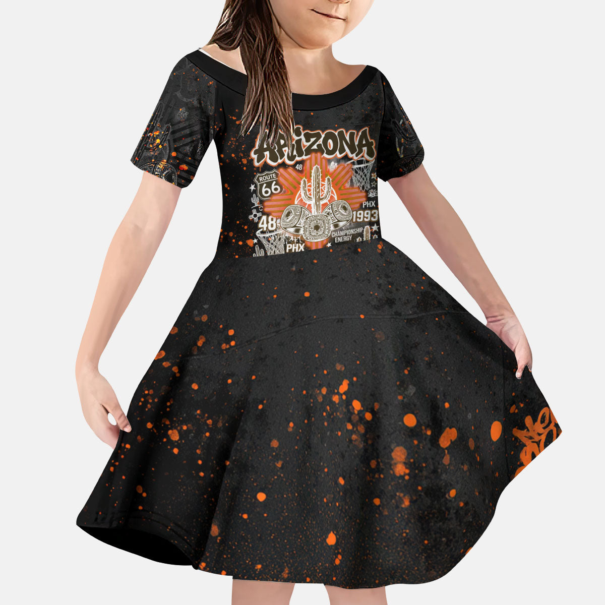 Personalized Arizona Kid Short Sleeve Dress Graffiti Street Art Southwest Cactus Route 66 Retro