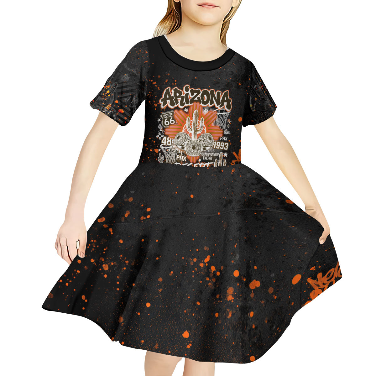 Personalized Arizona Kid Short Sleeve Dress Graffiti Street Art Southwest Cactus Route 66 Retro