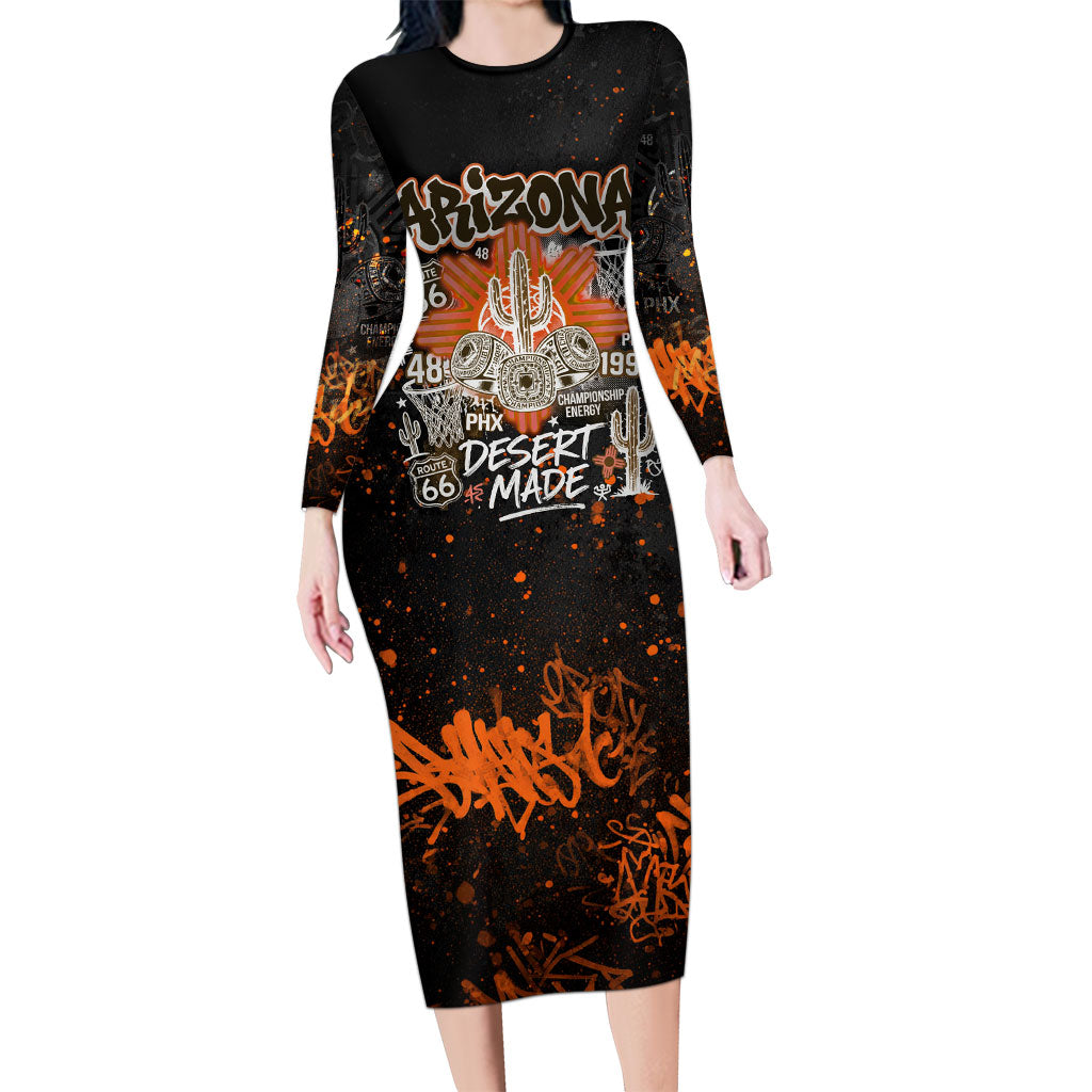 Personalized Arizona Long Sleeve Bodycon Dress Graffiti Street Art Southwest Cactus Route 66 Retro