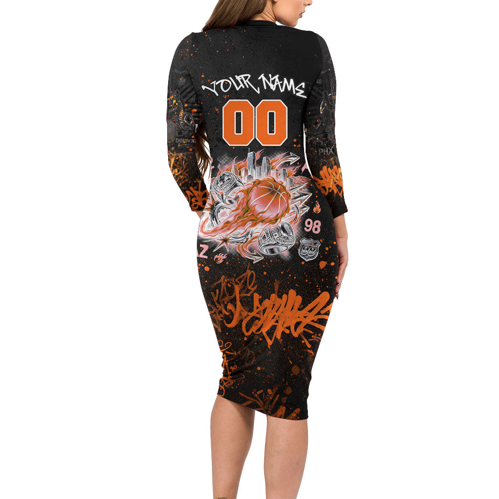 Personalized Arizona Long Sleeve Bodycon Dress Graffiti Street Art Southwest Cactus Route 66 Retro