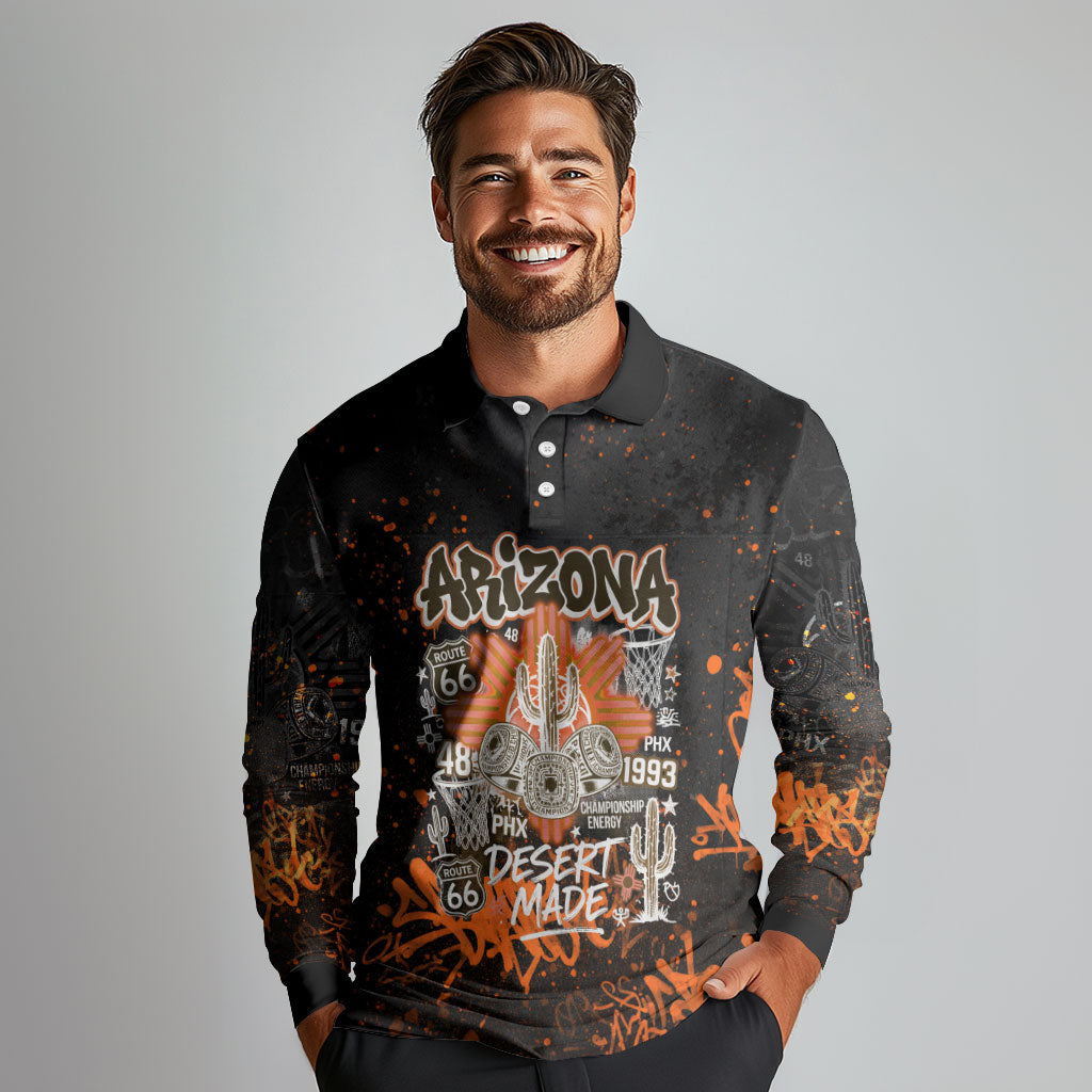 Personalized Arizona Long Sleeve Polo Shirt Graffiti Street Art Southwest Cactus Route 66 Retro