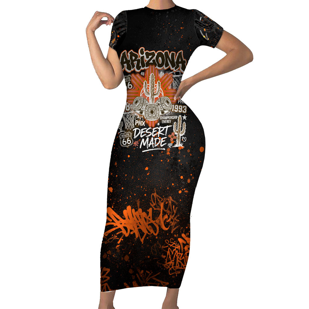 Personalized Arizona Short Sleeve Bodycon Dress Graffiti Street Art Southwest Cactus Route 66 Retro