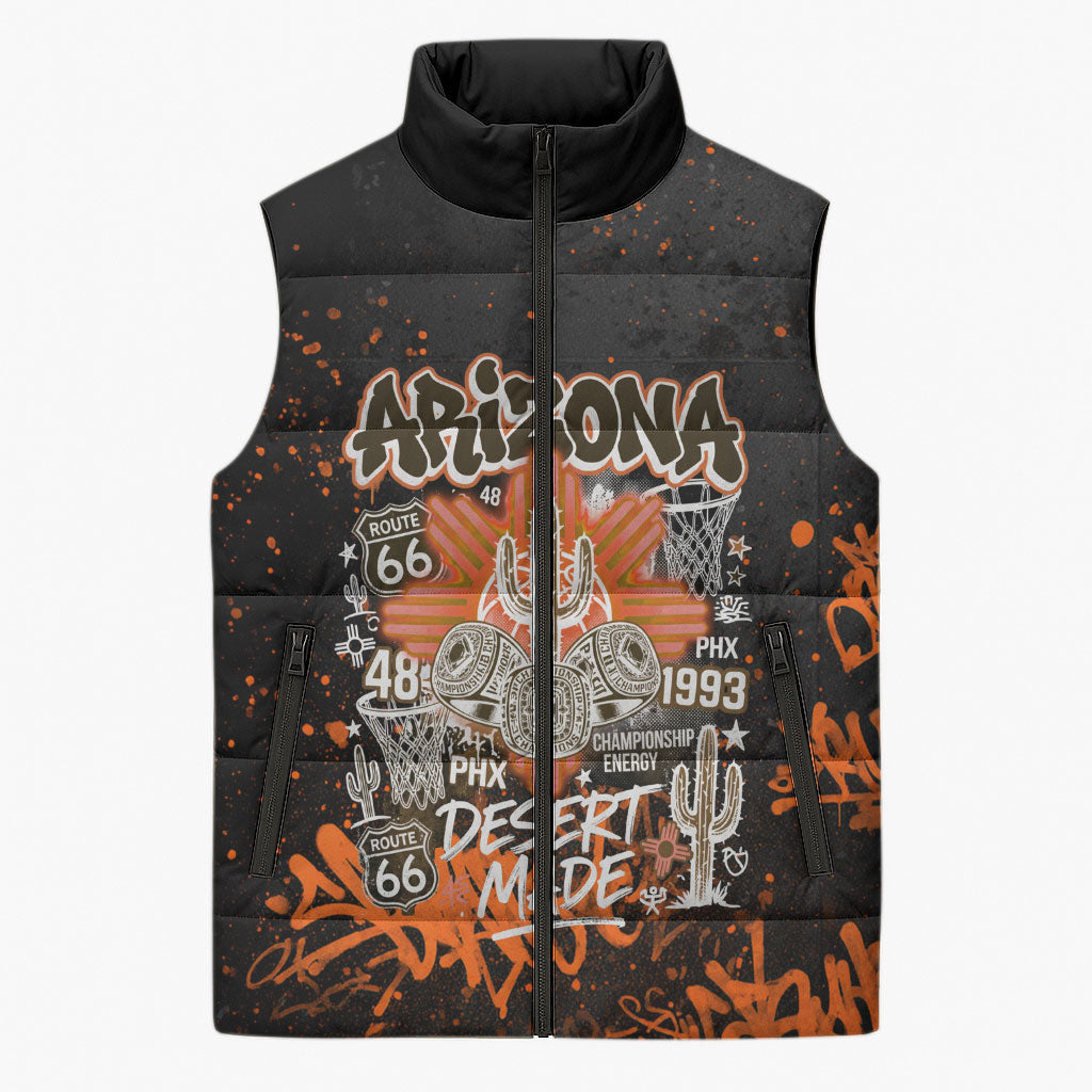 Personalized Arizona Sleeveless Puffer Jacket Graffiti Street Art Southwest Cactus Route 66 Retro