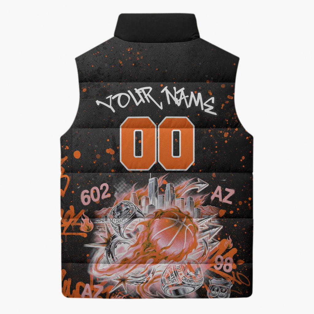 Personalized Arizona Sleeveless Puffer Jacket Graffiti Street Art Southwest Cactus Route 66 Retro