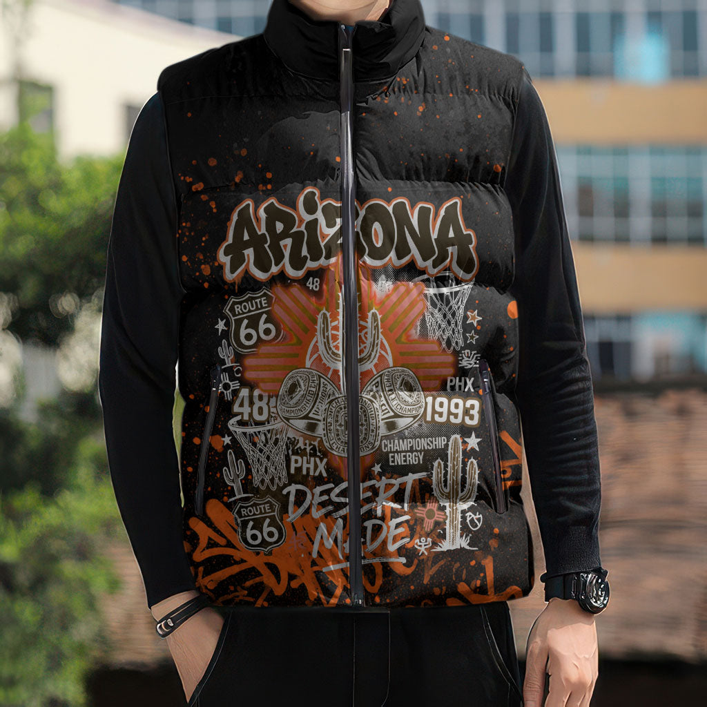 Personalized Arizona Sleeveless Puffer Jacket Graffiti Street Art Southwest Cactus Route 66 Retro