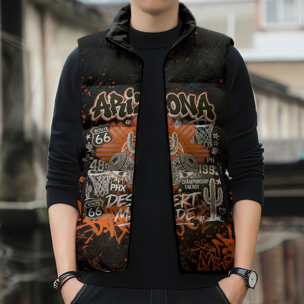 Personalized Arizona Sleeveless Puffer Jacket Graffiti Street Art Southwest Cactus Route 66 Retro