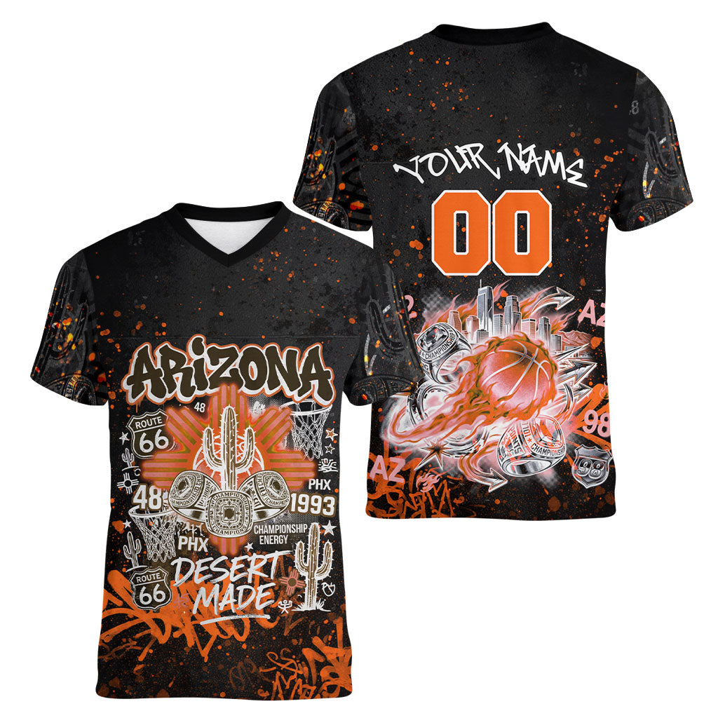 Personalized Arizona Women V-Neck T-Shirt Graffiti Street Art Southwest Cactus Route 66 Retro