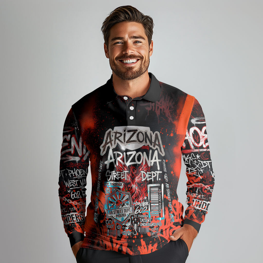 Personalized Arizona Street Graffiti Long Sleeve Polo Shirt Urban Phoenix Underground Art Phoenix Bird Rattlesnake