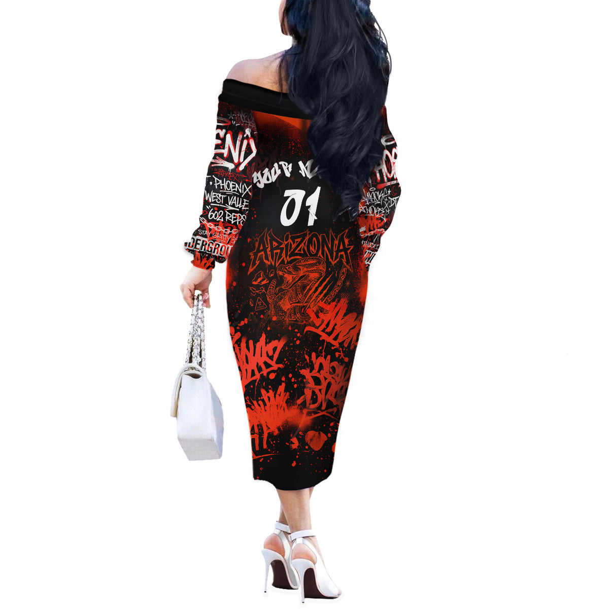 Personalized Arizona Street Graffiti Off The Shoulder Long Sleeve Dress Urban Phoenix Underground Art Phoenix Bird Rattlesnake