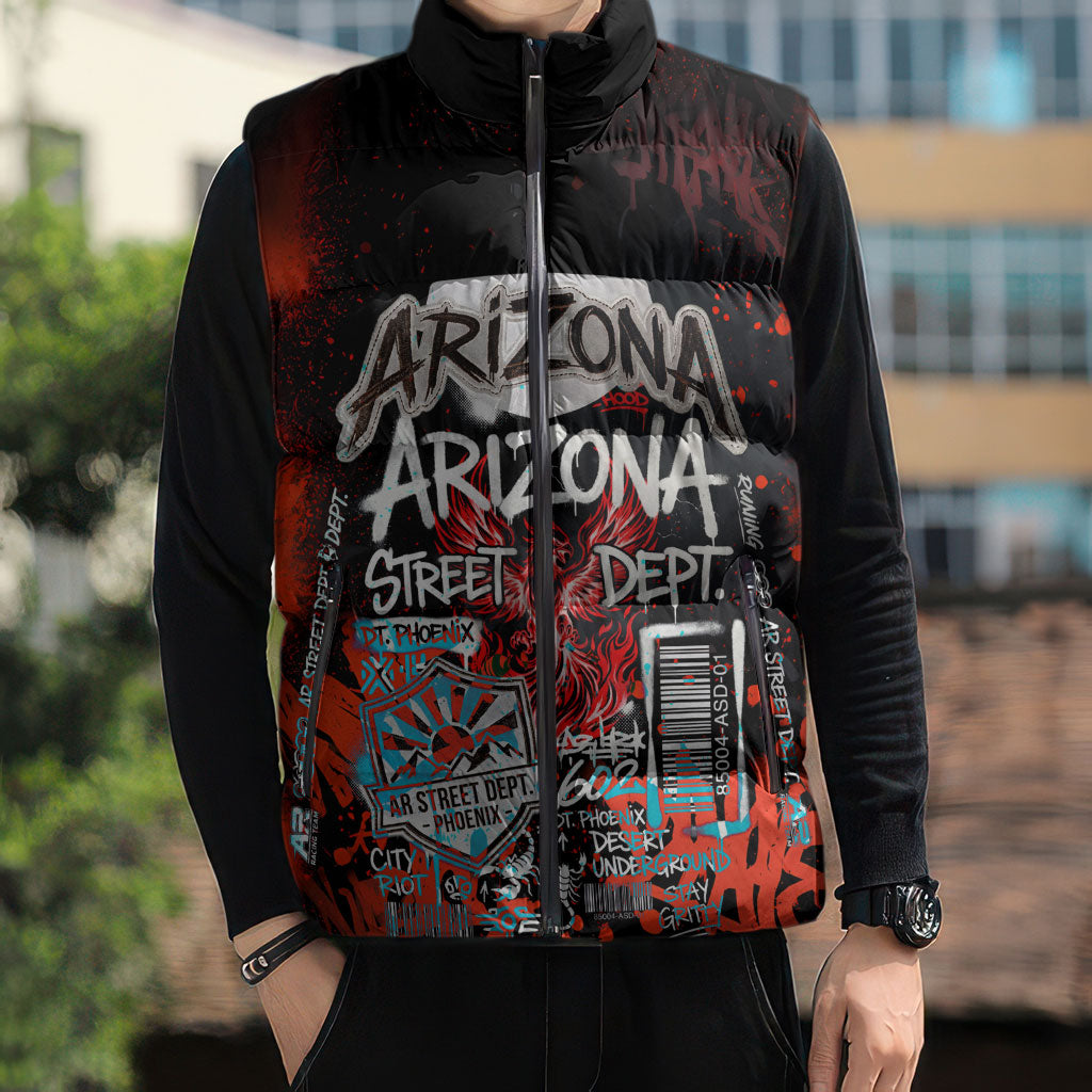 Personalized Arizona Street Graffiti Sleeveless Puffer Jacket Urban Phoenix Underground Art Phoenix Bird Rattlesnake