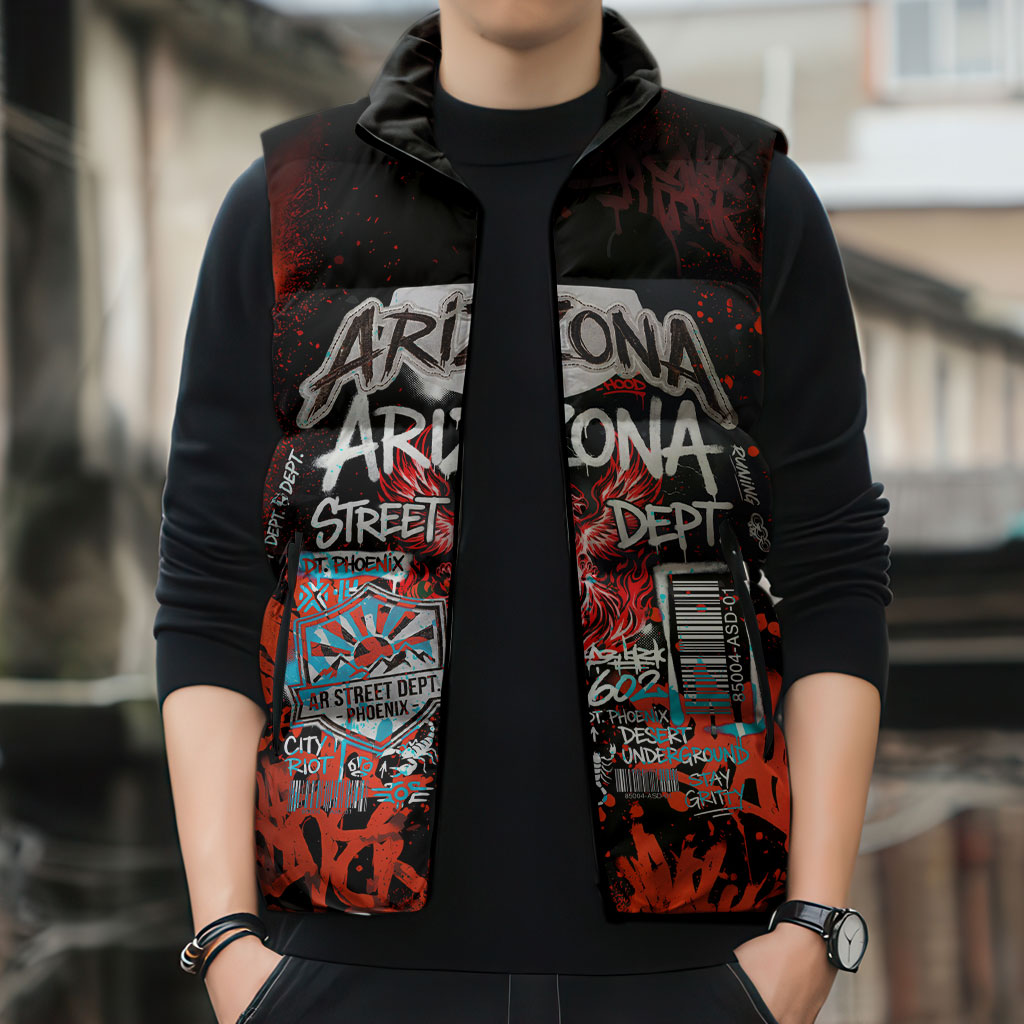 Personalized Arizona Street Graffiti Sleeveless Puffer Jacket Urban Phoenix Underground Art Phoenix Bird Rattlesnake