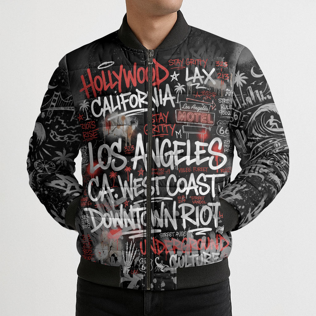 Personalized California West Coast Graffiti Bomber Puffer Jacket Urban Los Angeles Street Art - Hollywood LAX