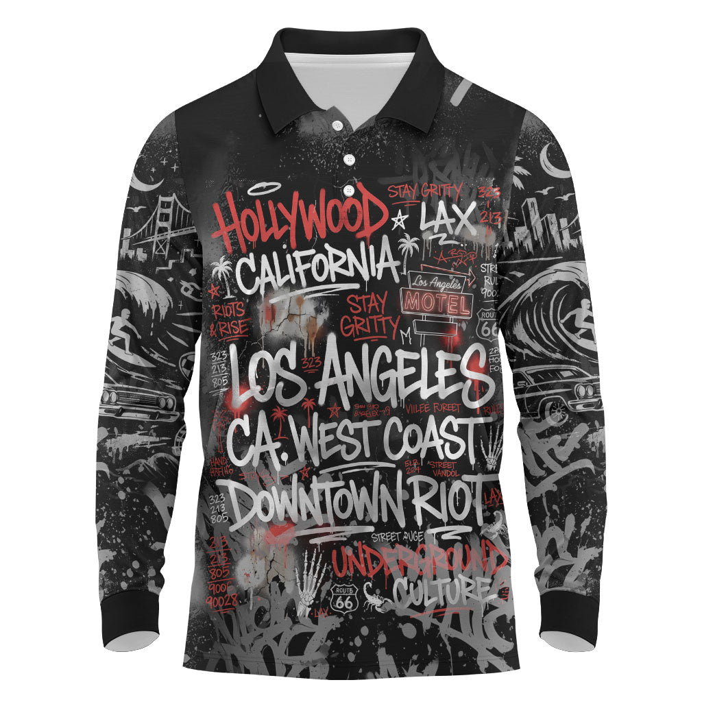 Personalized California West Coast Graffiti Long Sleeve Polo Shirt Urban Los Angeles Street Art - Hollywood LAX