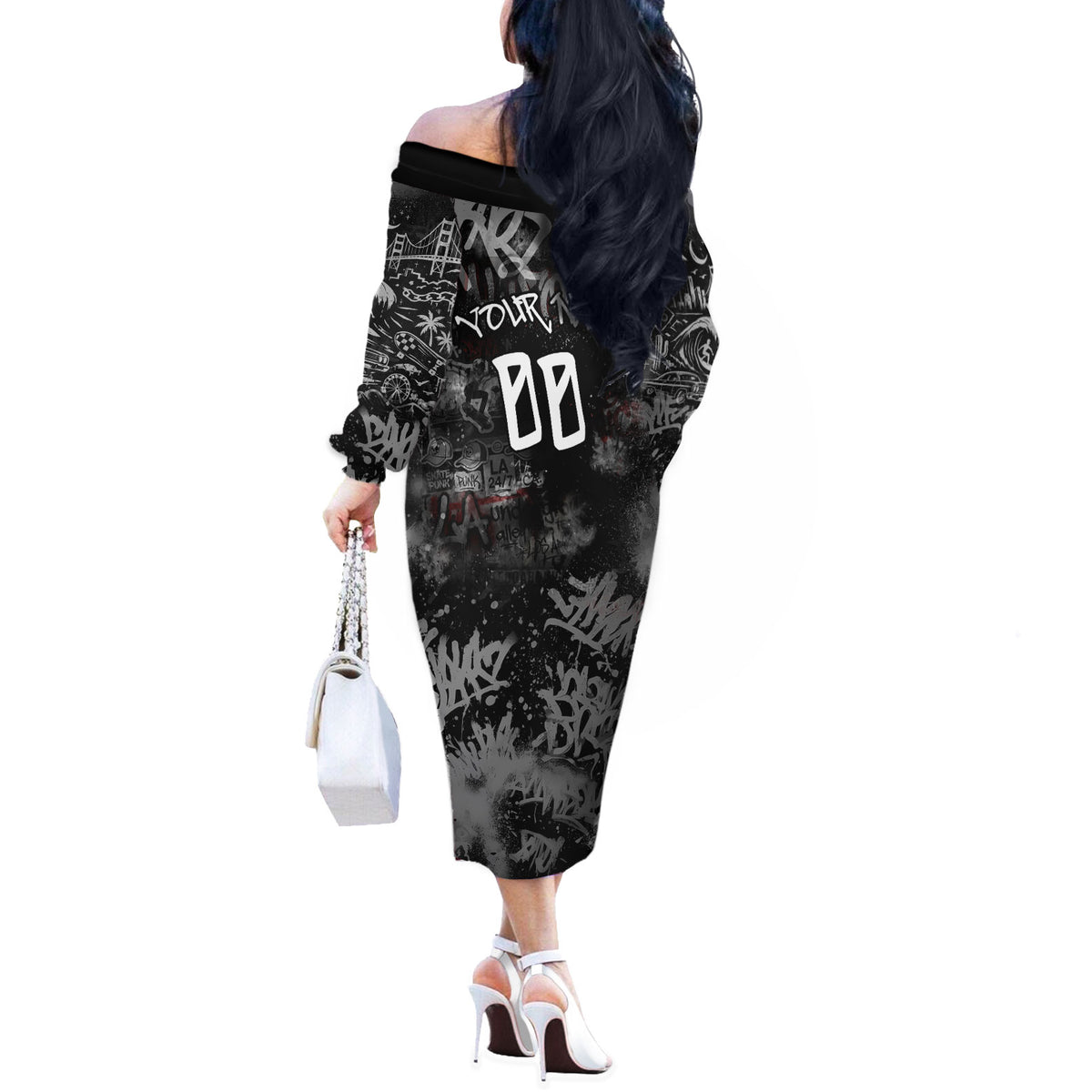 Personalized California West Coast Graffiti Off The Shoulder Long Sleeve Dress Urban Los Angeles Street Art - Hollywood LAX