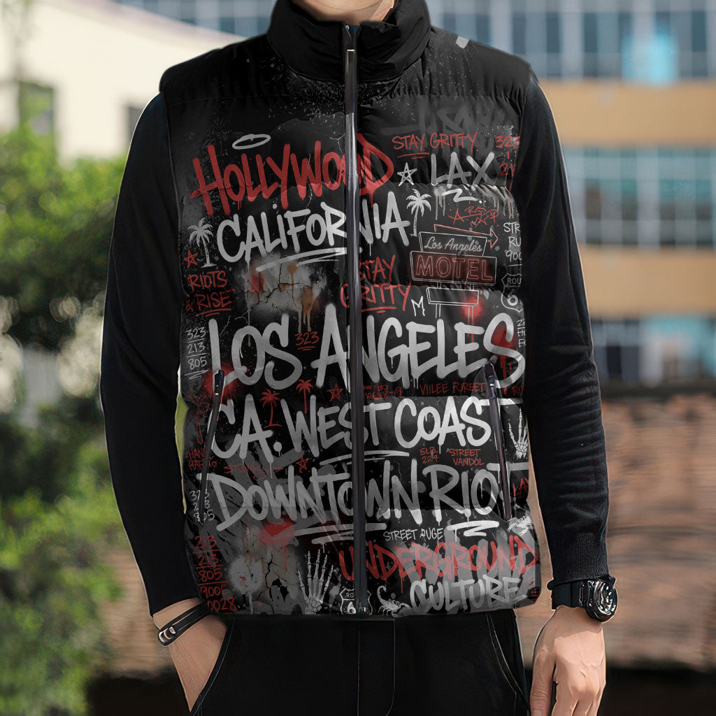Personalized California West Coast Graffiti Sleeveless Puffer Jacket Urban Los Angeles Street Art - Hollywood LAX