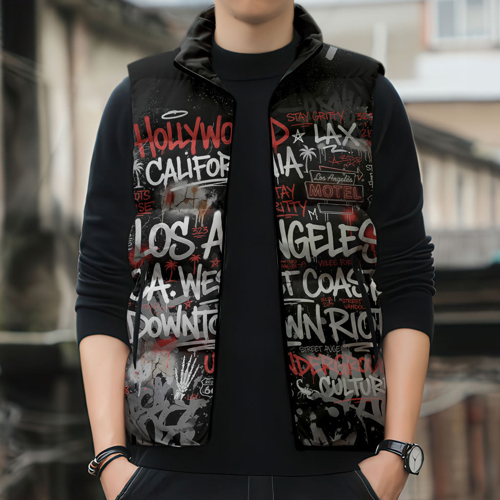 Personalized California West Coast Graffiti Sleeveless Puffer Jacket Urban Los Angeles Street Art - Hollywood LAX