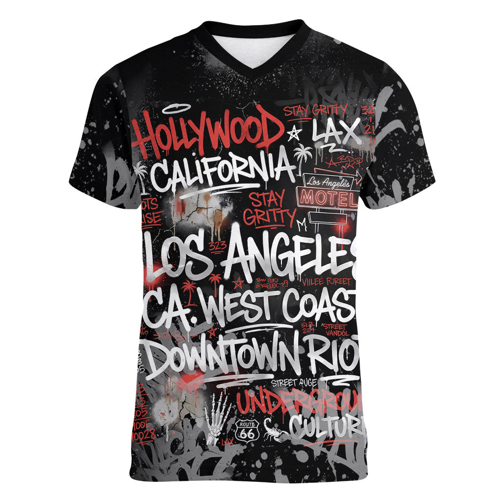 Personalized California West Coast Graffiti Women V-Neck T-Shirt Urban Los Angeles Street Art - Hollywood LAX