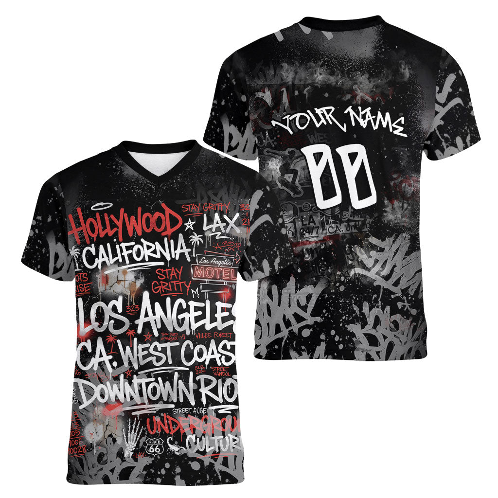 Personalized California West Coast Graffiti Women V-Neck T-Shirt Urban Los Angeles Street Art - Hollywood LAX
