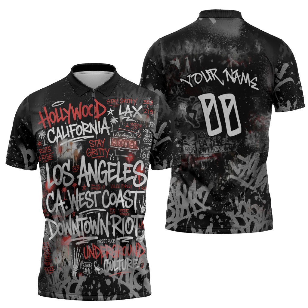 Personalized California West Coast Graffiti Zipper Polo Shirt Urban Los Angeles Street Art - Hollywood LAX