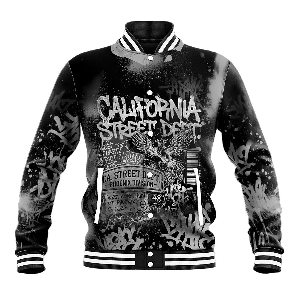 Personalized California Street Graffiti Baseball Jacket Monochrome Urban Streetwear - Phoenix Bird - West Coast Riot