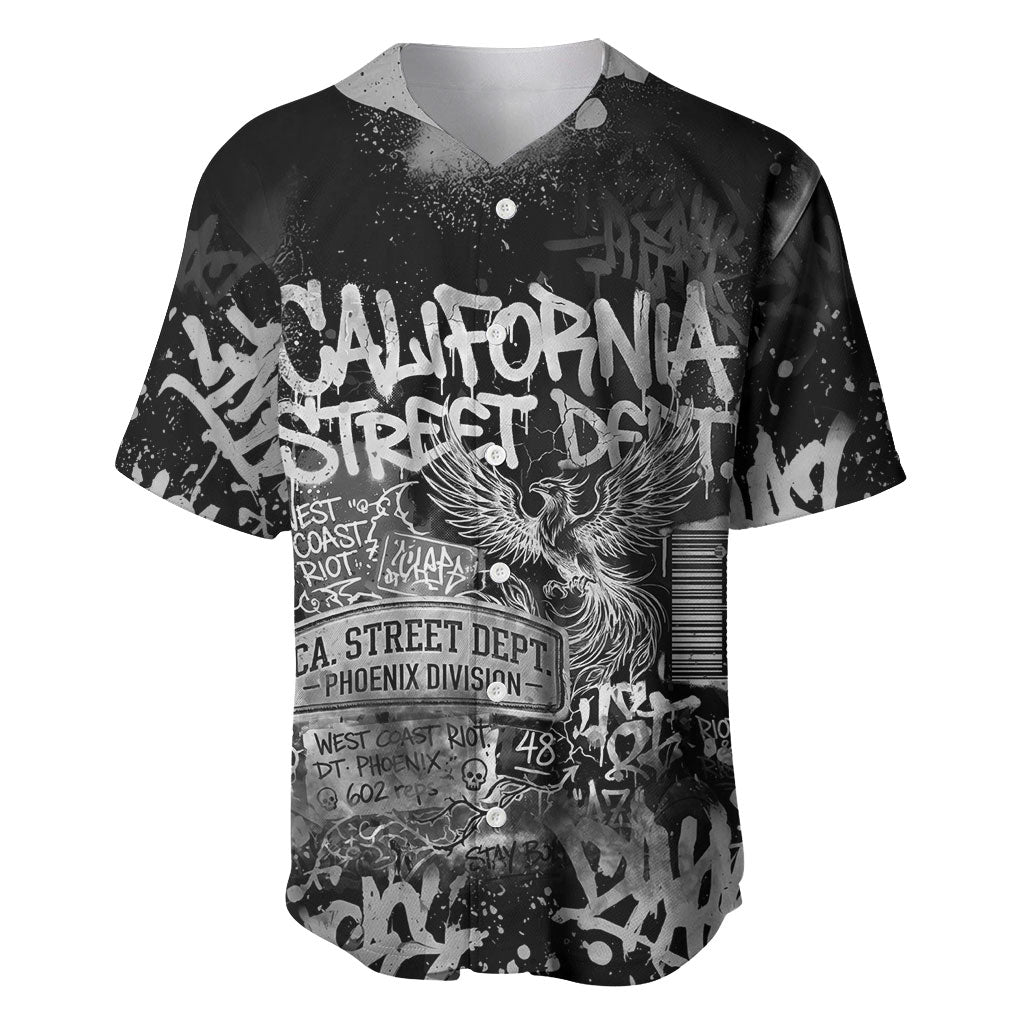 Personalized California Street Graffiti Baseball Jersey Monochrome Urban Streetwear - Phoenix Bird - West Coast Riot