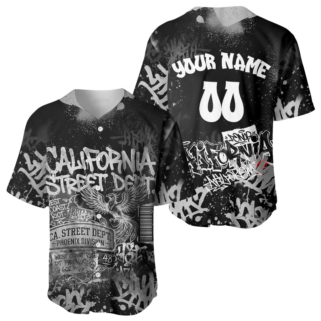 Personalized California Street Graffiti Baseball Jersey Monochrome Urban Streetwear - Phoenix Bird - West Coast Riot