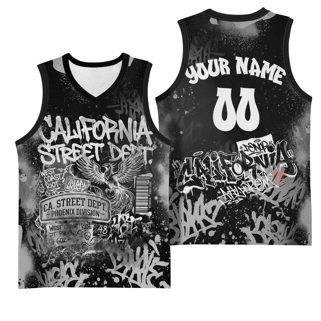Personalized California Street Graffiti Basketball Jersey Monochrome Urban Streetwear - Phoenix Bird - West Coast Riot