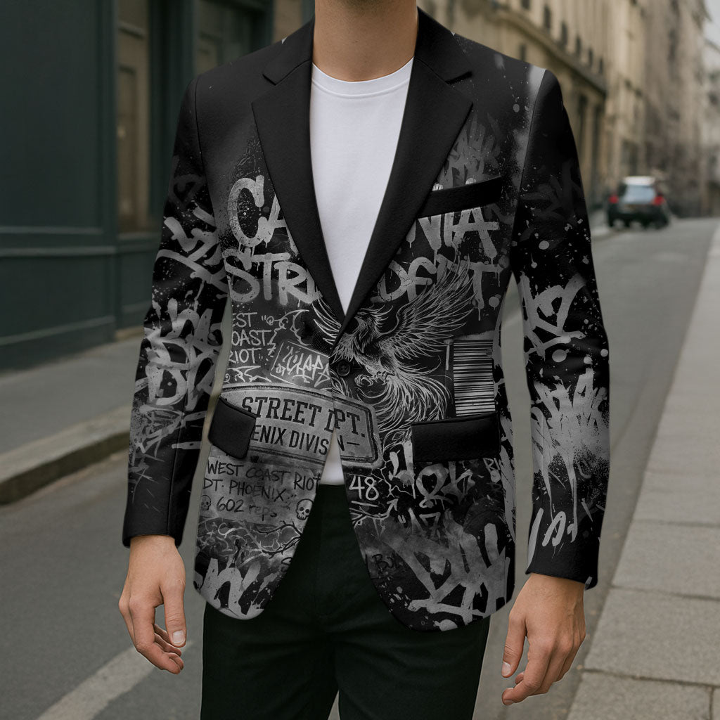 Personalized California Street Graffiti Blazer Monochrome Urban Streetwear - Phoenix Bird - West Coast Riot