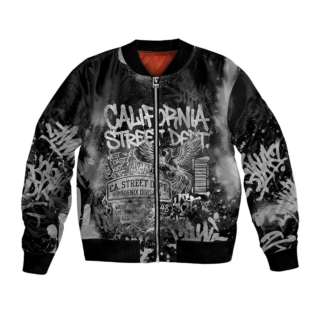 Personalized California Street Graffiti Bomber Jacket Monochrome Urban Streetwear - Phoenix Bird - West Coast Riot
